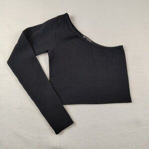 Zara Shirt Black Ribbed One Shoulder Cropped Long Sleeve Sz XS